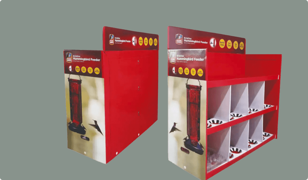 Retail-ready half-pallet display for glass hummingbird feeders